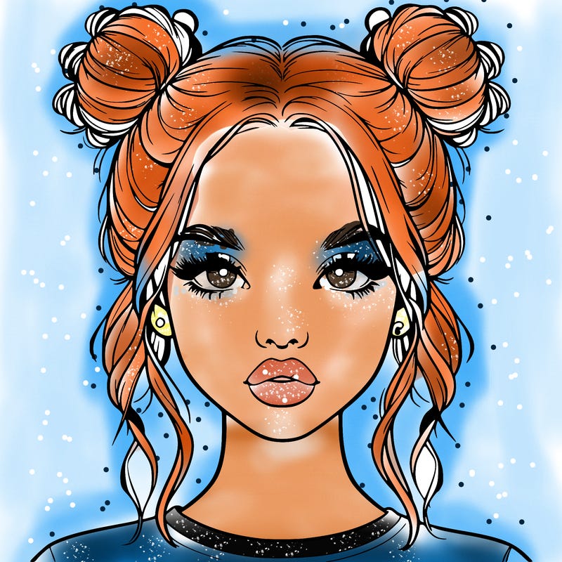 realistic girl with two buns in hair and lips