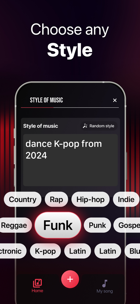 Benutzeroberfläche der App KI-Songgenerator, die die Auswahl von Musikgenres mit Optionen wie Funk Kpop und Rap zeigt.
