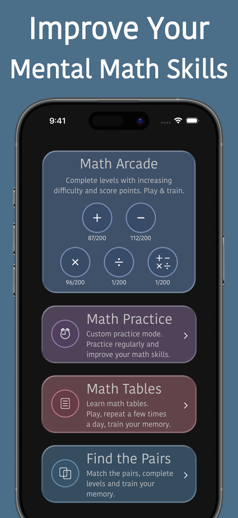 Mental Math Trainer Games - Main menu of the Mental Math Trainer app featuring Math Arcade, Math Practice, Math Tables, and Find the Pairs modes