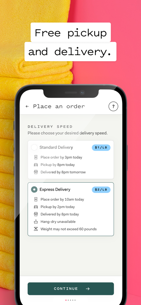 Poplin: Laundry Service - Poplinモバイルアプリの画面。標準と特急の洗濯配達スピードのオプションと、1ポンドあたりの料金が表示されている。