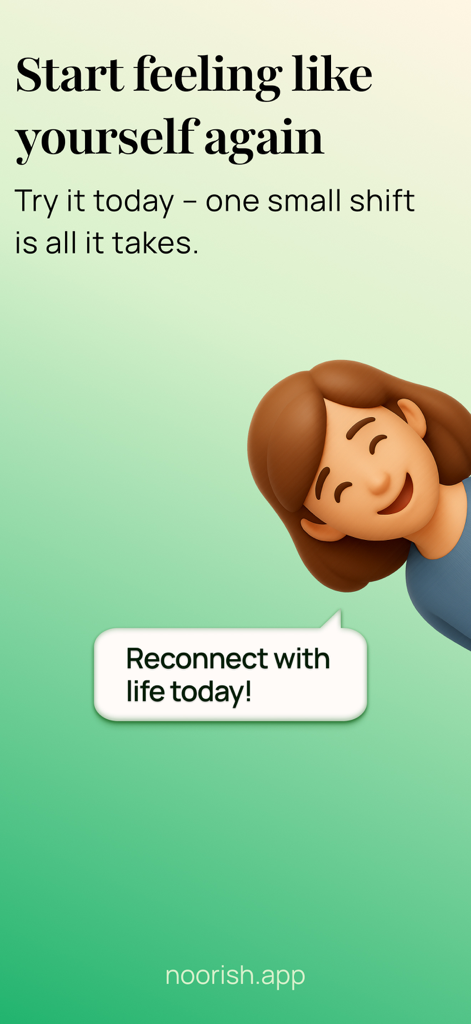 noorish: reconnect with life - Promotional screen for the noorish app featuring a smiling 3D avatar and the headline Start feeling like yourself again.