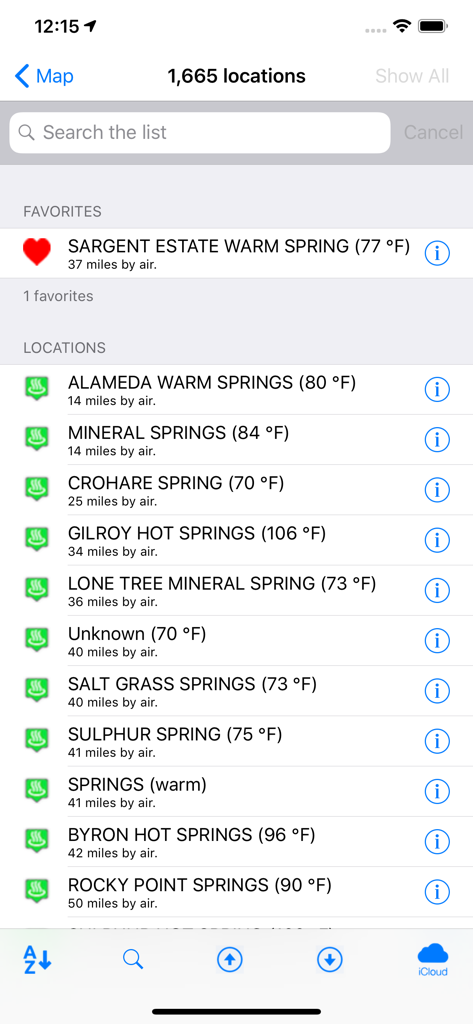 A list of hot and thermal spring locations showing names, water temperatures, and distances on a mobile app.
