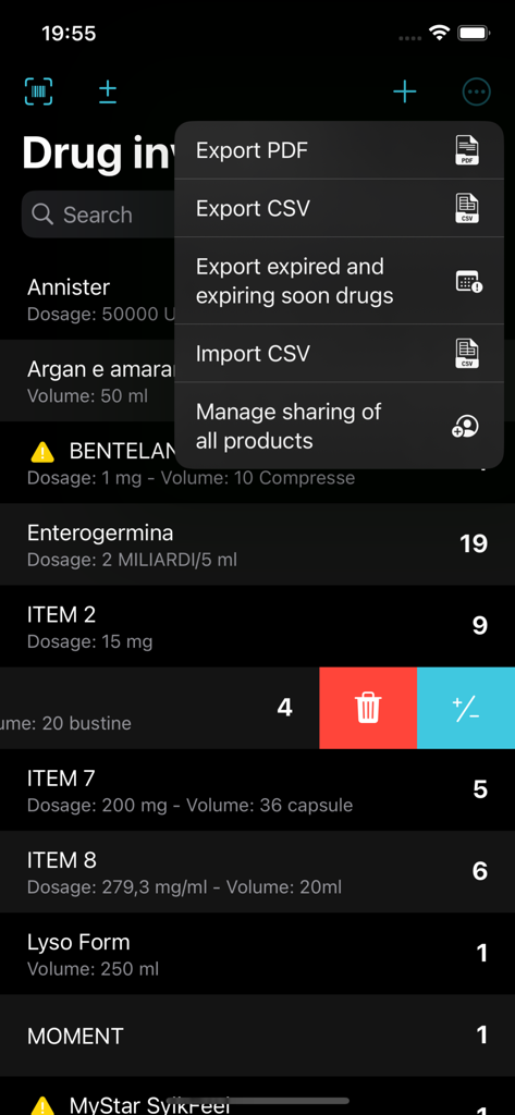 Drug Inventory - App zur Verwaltung des Medikamentenbestands, die Exportmenüoptionen und eine Medikamentenliste im dunklen Modus anzeigt