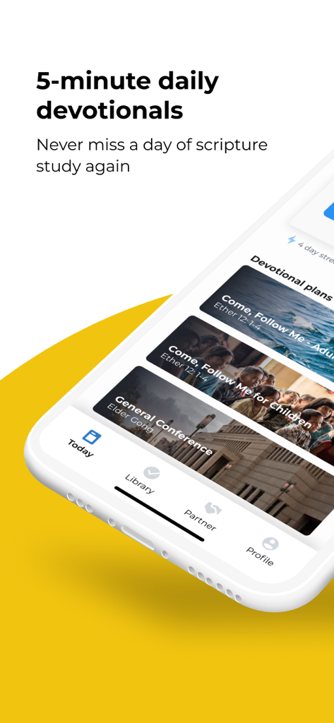 We Believe - We Believe app interface showing five minute daily devotionals and LDS scripture study plans for adults and children