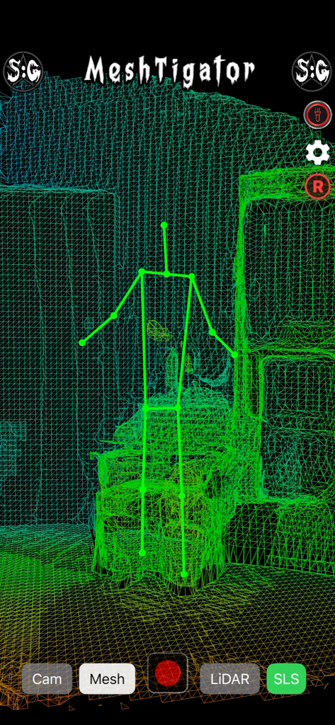 MeshTigator - MeshTigator mobile app showing a 3D mesh room scan and green SLS stick figure for ghost hunting