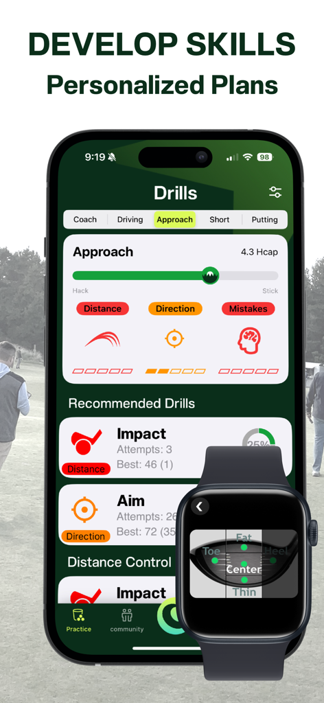 Tangent Golf: GPS Smart Caddie - Tangent Golf app interface showing personalized practice drills for approach shots with Apple Watch impact analysis integration
