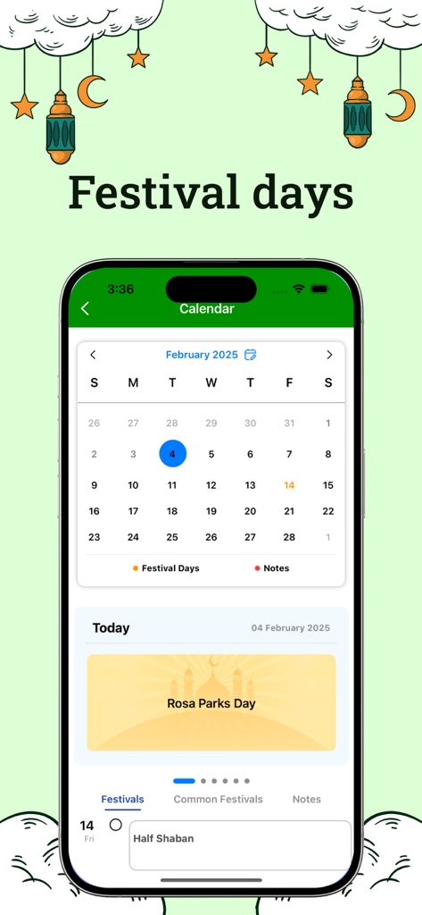 Somali Quran Offline app interface showing the festival calendar feature with religious dates