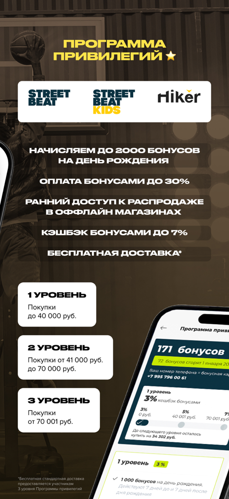 Street Beat: кроссовки, одежда - Schermata del programma fedeltà dell'app Street Beat che mostra livelli di adesione e vantaggi ricompensa