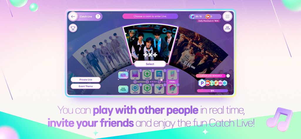 리듬 하이브 게임 화면에 K팝 아티스트와 함께 실시간 멀티플레이어 캐치 라이브 모드가 표시됨