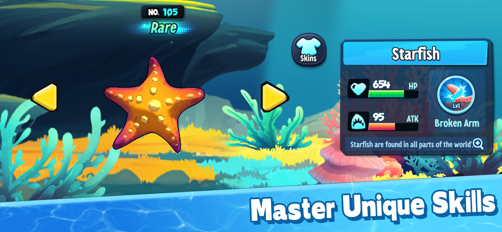 Rare starfish character profile showing stats and unique skills in Fish Eat Fish io Hunger Games