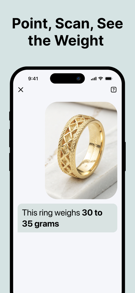 Interfaccia dell'app che mostra il riconoscimento visivo AI che stima il peso di un anello d'oro.