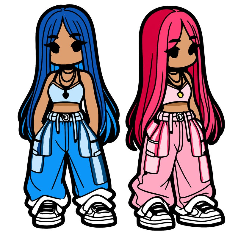 girl in baggy pants crop top and long hair