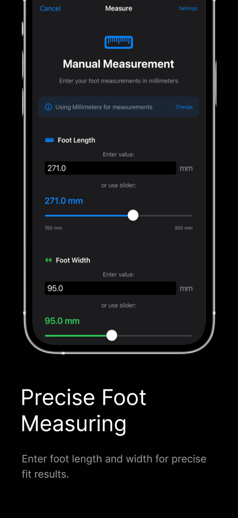 Foot Measure App – FitFoot - Interfaz de medición manual de la longitud y el ancho del pie en la aplicación FitFoot