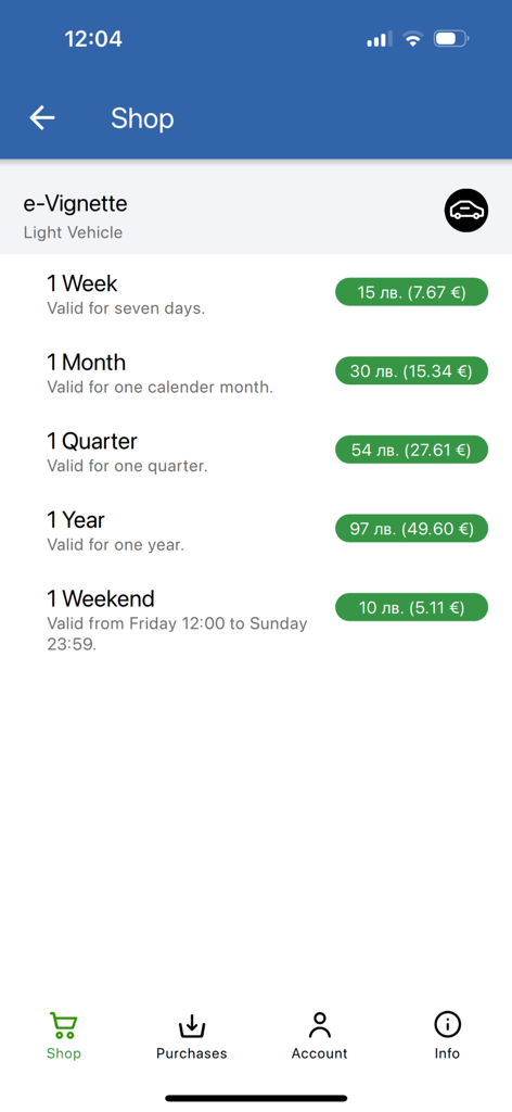 BGTOLL mobile app screen showing e-Vignette purchase options for light vehicles including weekly and monthly rates