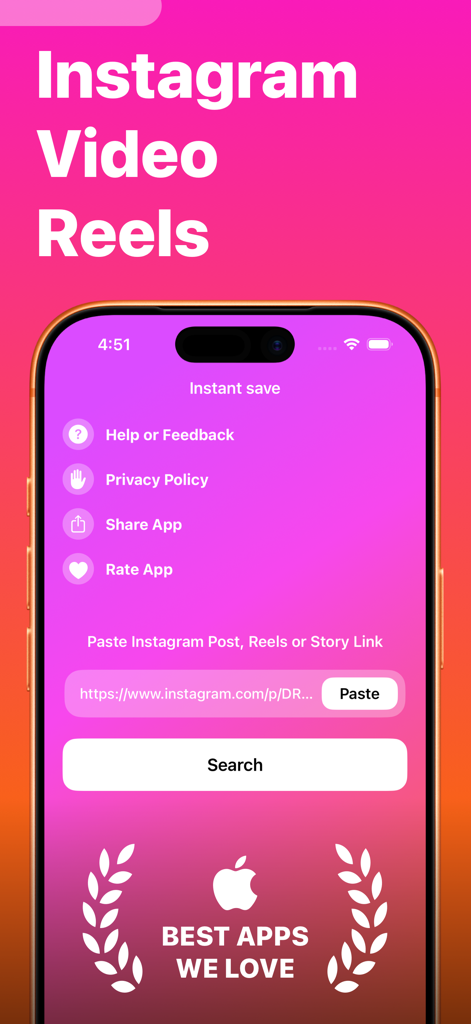 InSaver: Story, Reels, Video - 인세이버 앱 인터페이스가 링크를 붙여넣어 인스타그램 게시물, 릴, 스토리를 다운로드하는 즉시 저장 기능을 보여줍니다.