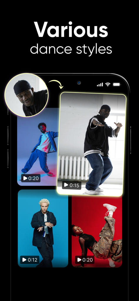 Dance AI: AI Dance Video Maker - Interfaccia dell'app Dance AI che visualizza vari stili di ballo per la creazione di video.