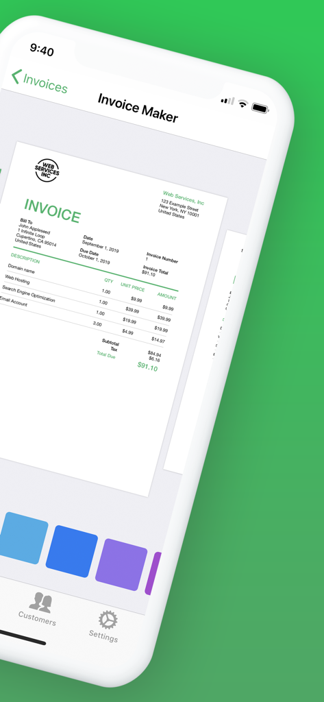 Invoice Maker: PDF Generator - Mobile app interface showing a professional PDF invoice template with custom branding and color selection on an iPhone