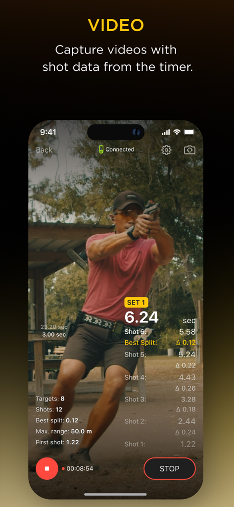 Drills: Shooting Training app - Mobile app interface showing a video recording of a shooter with real-time performance statistics and shot timer data overlay