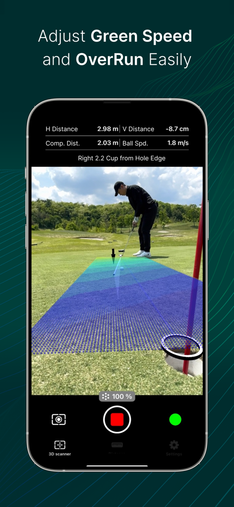 PerfectLine: Putting Guide - 골프 코스에서 그린 속도 및 거리 데이터를 보여주는 AR 퍼팅 가이드 인터페이스