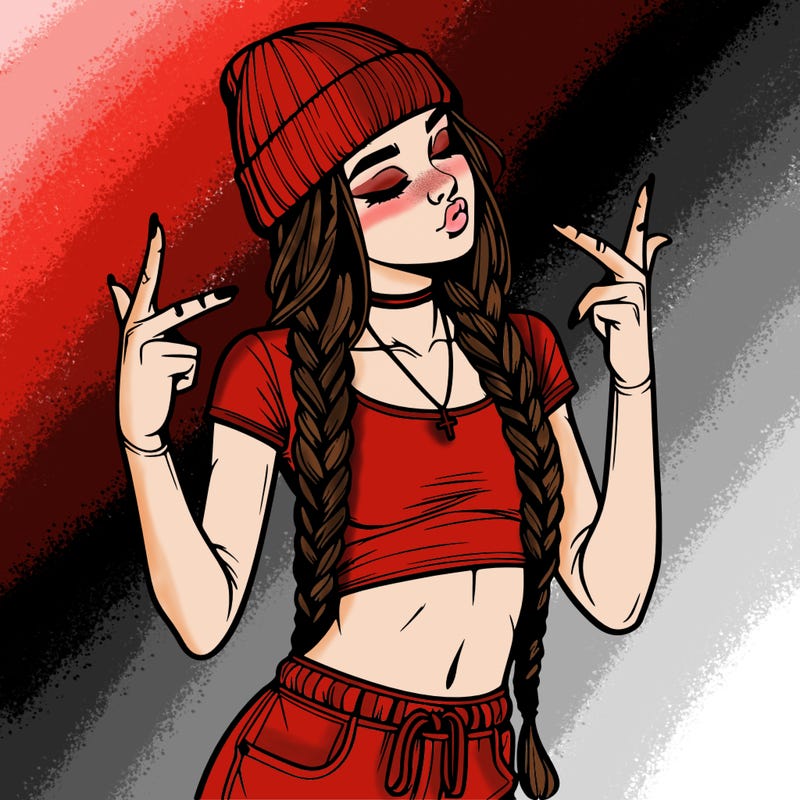 realistic teenage girl with braids and a beanie and crop top doing 🫶🏼