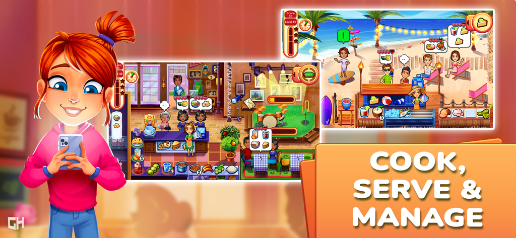 Delicious: Taste of Truth - Un personaje sosteniendo un teléfono junto a escenas de juego de un restaurante y una cafetería en la playa de Delicious Taste of Truth