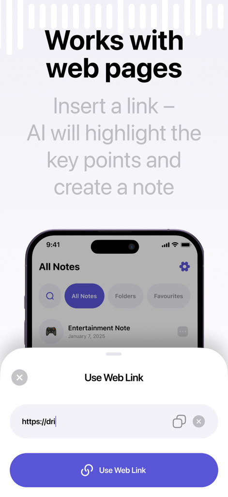 Lecture AI Note Taker, Summary - Interface do aplicativo Notimo mostrando o recurso para inserir um link da web para resumo e criação de notas com IA.