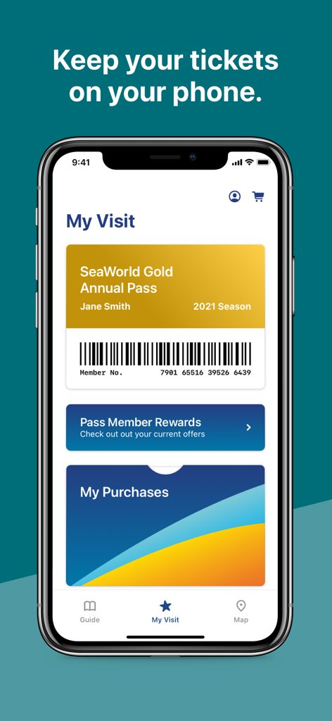SeaWorld - パーク入場と会員特典のバーコードが付いたデジタルゴールド年間パスを表示するシーワールドアプリのインターフェース。