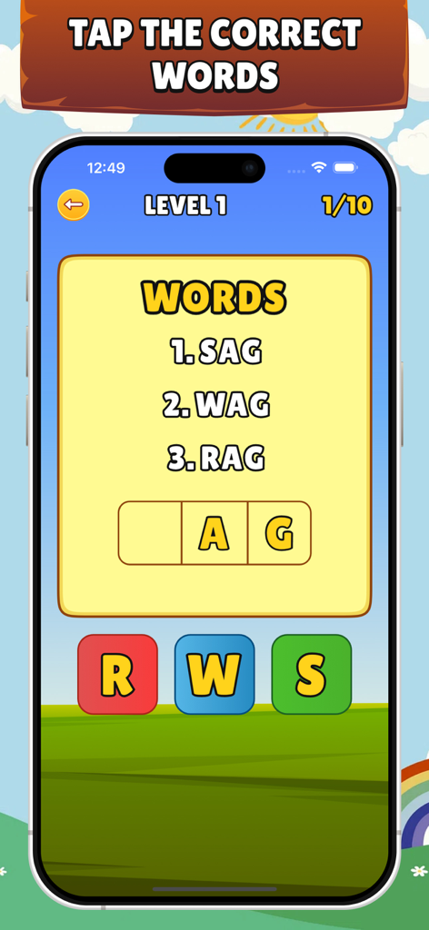 Spelling Games - Learn to Read - Interfaz del juego de ortografía educativa para niños que muestra un rompecabezas de letras para completar los espacios en blanco para palabras de uso común.