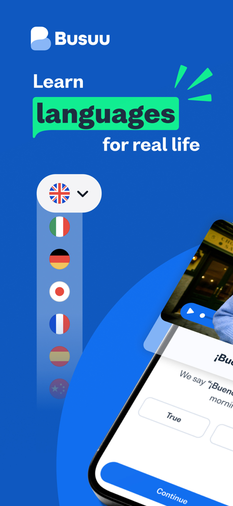 L'interface de l'application mobile Busuu affiche différents drapeaux de pays et le slogan « Apprenez les langues pour la vraie vie ».