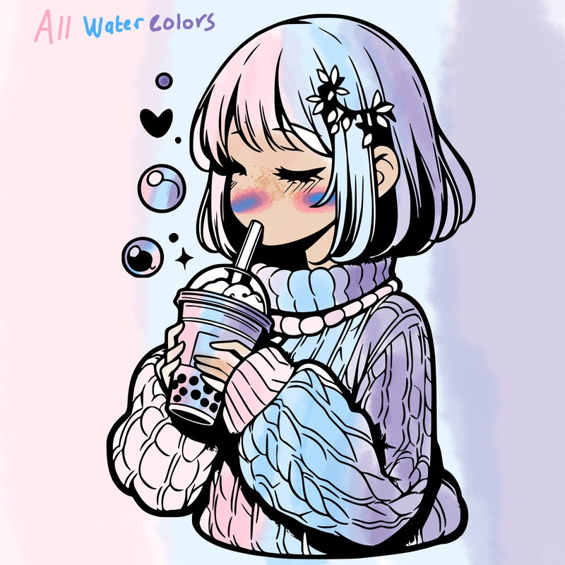 manga girl drinking boba in cozy sweater