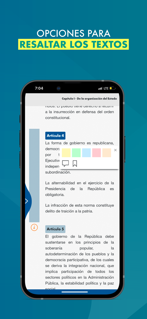 E-Legis® - Interfaccia dell'app E-Legis che mostra le opzioni per evidenziare il testo legale in diversi colori e per aggiungere segnalibri agli articoli.