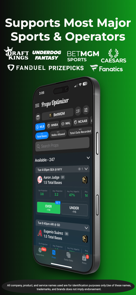 Props Optimizer : Data & Tools - Smartphone screen showing the Props Optimizer app interface with supported sportsbooks like DraftKings and FanDuel