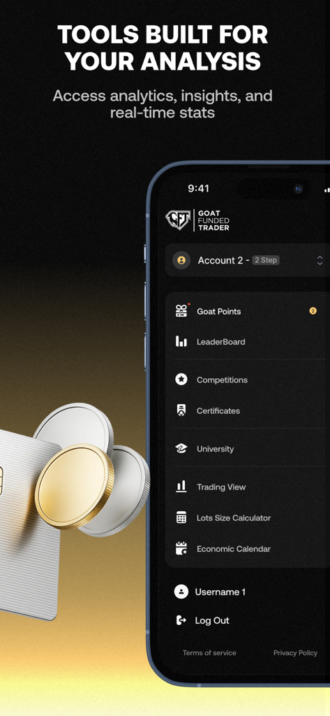 Mobile screen of the Goat Funded Trader app showing the side menu with performance analytics and trading tools
