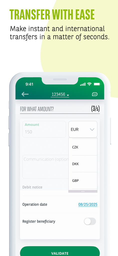 BGL BNP Paribas Web Banking-App-Oberfläche mit Auswahl der Währungen für internationale Geldüberweisungen