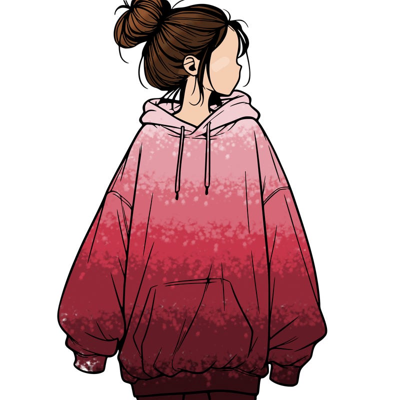 realistic girl with a oversized sweatshirt on and a bun