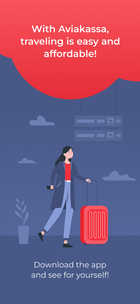 Aviakassa - cheap flights - Marketing illustration for Aviakassa app showing a woman traveler with a red suitcase at an airport