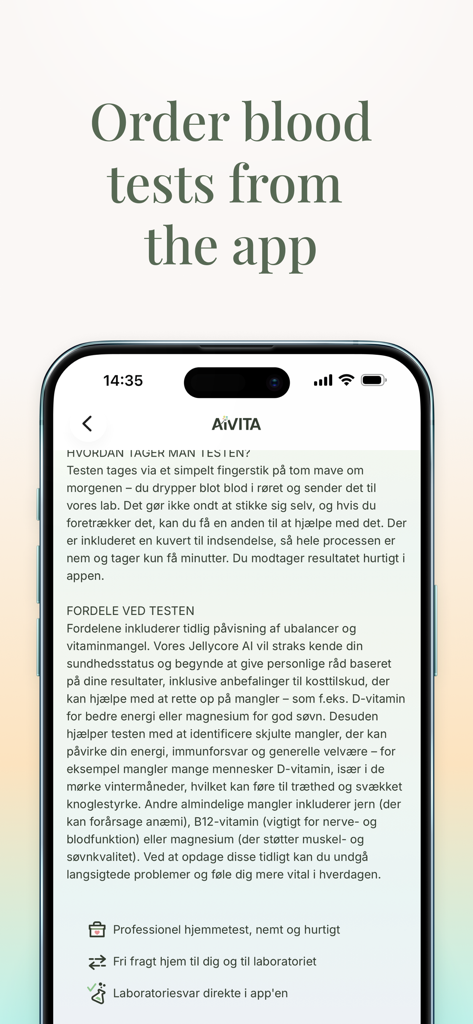 AIVITA - AIVITA app screen displaying information about ordering professional home blood tests and receiving lab results in the app