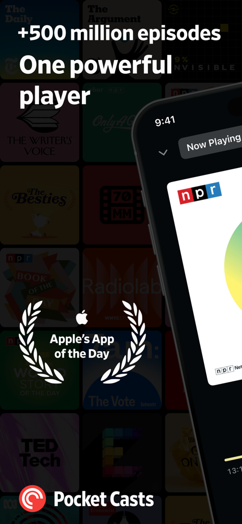 Pocket Casts podcast player app screen showing a library of podcasts and an Apple App of the Day award badge