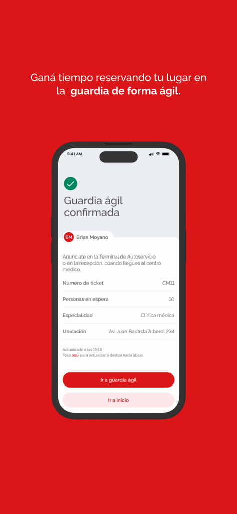Swiss Medical - Écran d'application mobile montrant une réservation confirmée aux urgences avec numéro de ticket et informations sur la liste d'attente