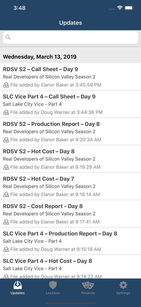 scenechronize - Scenechronize app screen showing a feed of recent production documents including call sheets and cost reports