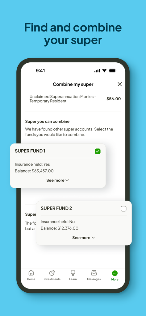 Screenshot of the Rest Super app interface showing how to find and combine multiple superannuation accounts on a mobile device.