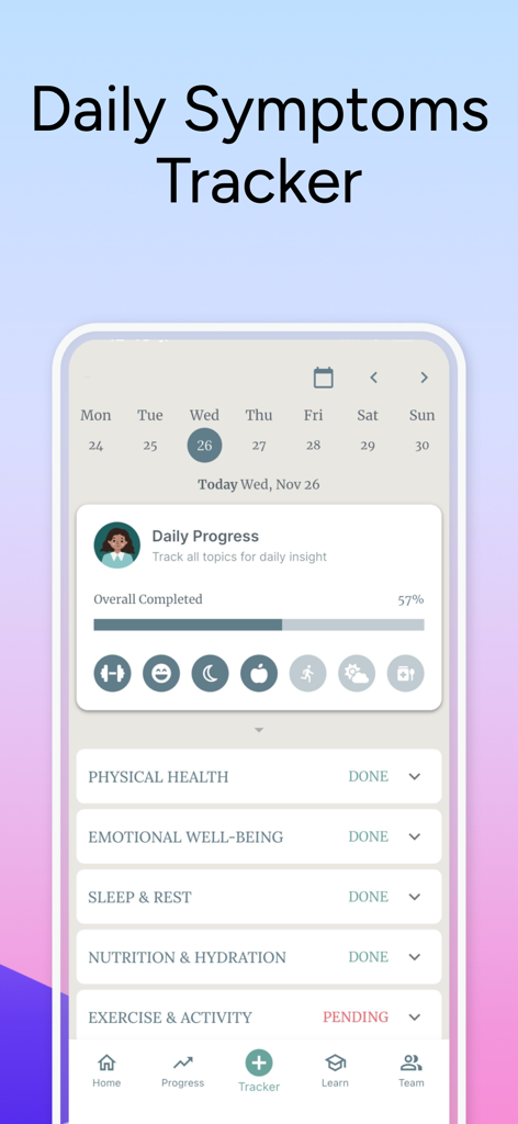 Daily symptoms tracker screen in the Fibromyalgia Journey app showing progress for health categories like physical health and emotional well-being.
