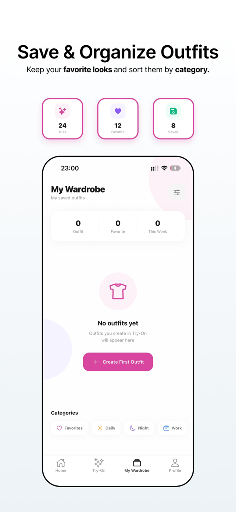 Interfaccia dell'app mobile per la sezione Il mio guardaroba che mostra come salvare e organizzare gli outfit provati virtualmente per categoria.