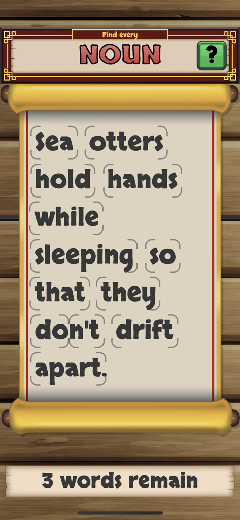 Grammar Ninja game screen showing a noun identification challenge with a sentence on an ancient scroll