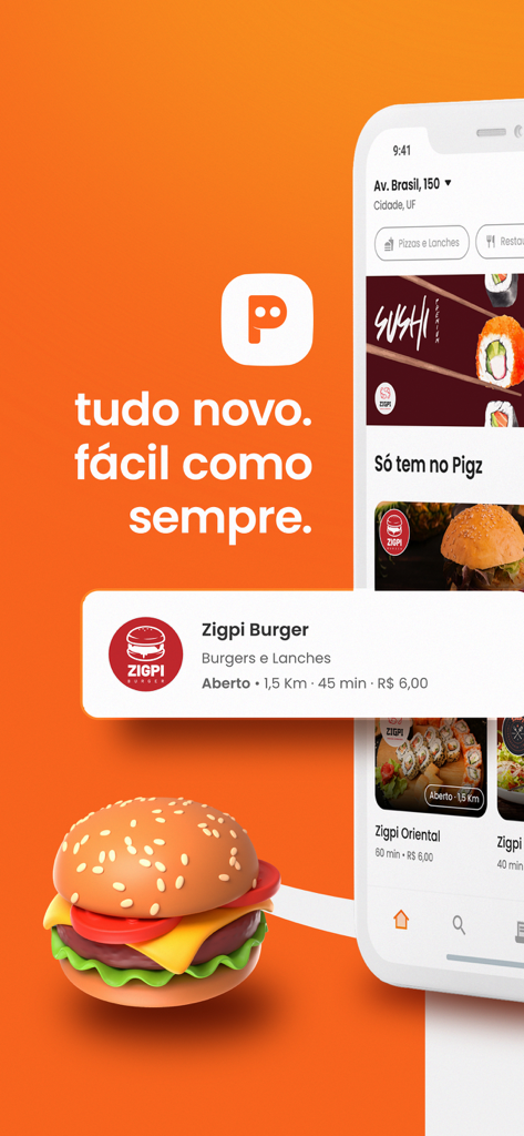 Pigz - Pigz delivery app interface displaying food categories and a restaurant listing for a burger shop