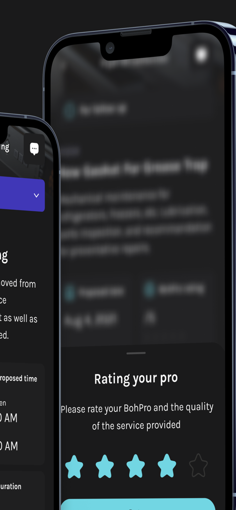 Boh for Venues - Boh for Venues app screen for rating the service of a kitchen maintenance professional.