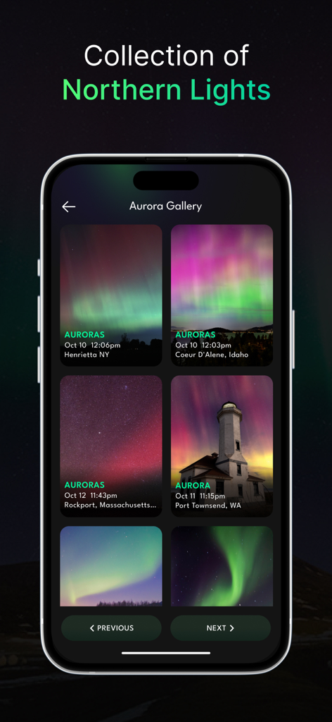 Aurora Alerts & Forecast - Aurora Gallery feature showing a collection of Northern Lights photos from different locations