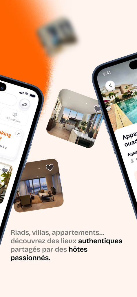 Trevo – Travel & Stays - Écrans d'application mobile pour Trevo présentant des Riads, villas et appartements marocains authentiques à louer.
