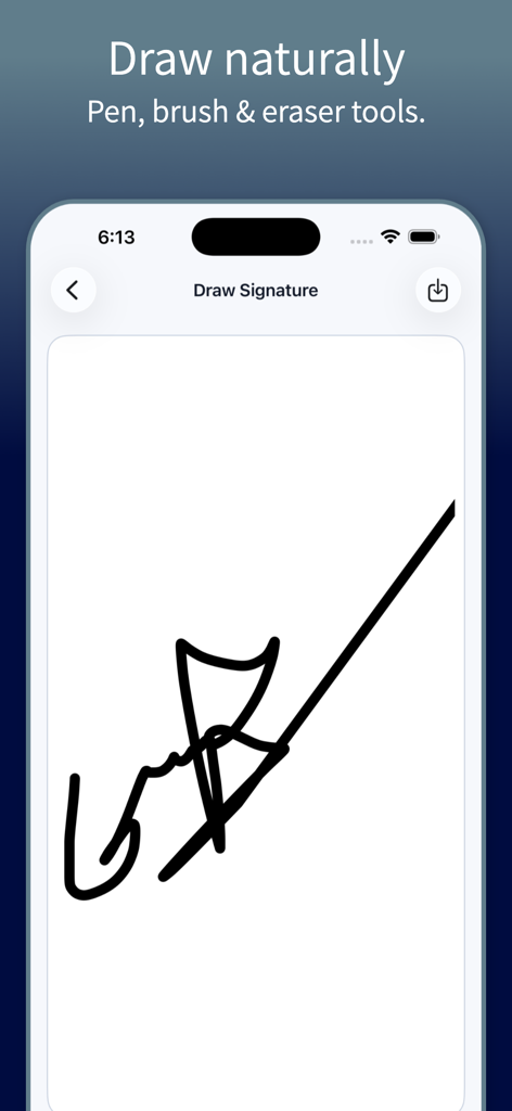 Interfaz que muestra cómo dibujar una firma natural usando herramientas de lápiz y pincel en la aplicación Signature Maker