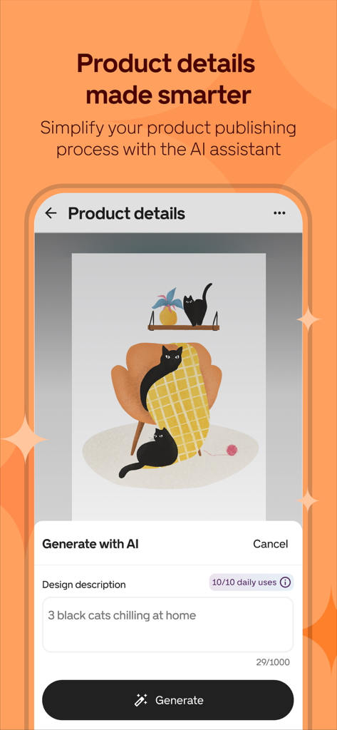 Tela do aplicativo Gelato apresentando um assistente de IA criando um design de produto a partir de um prompt de texto.